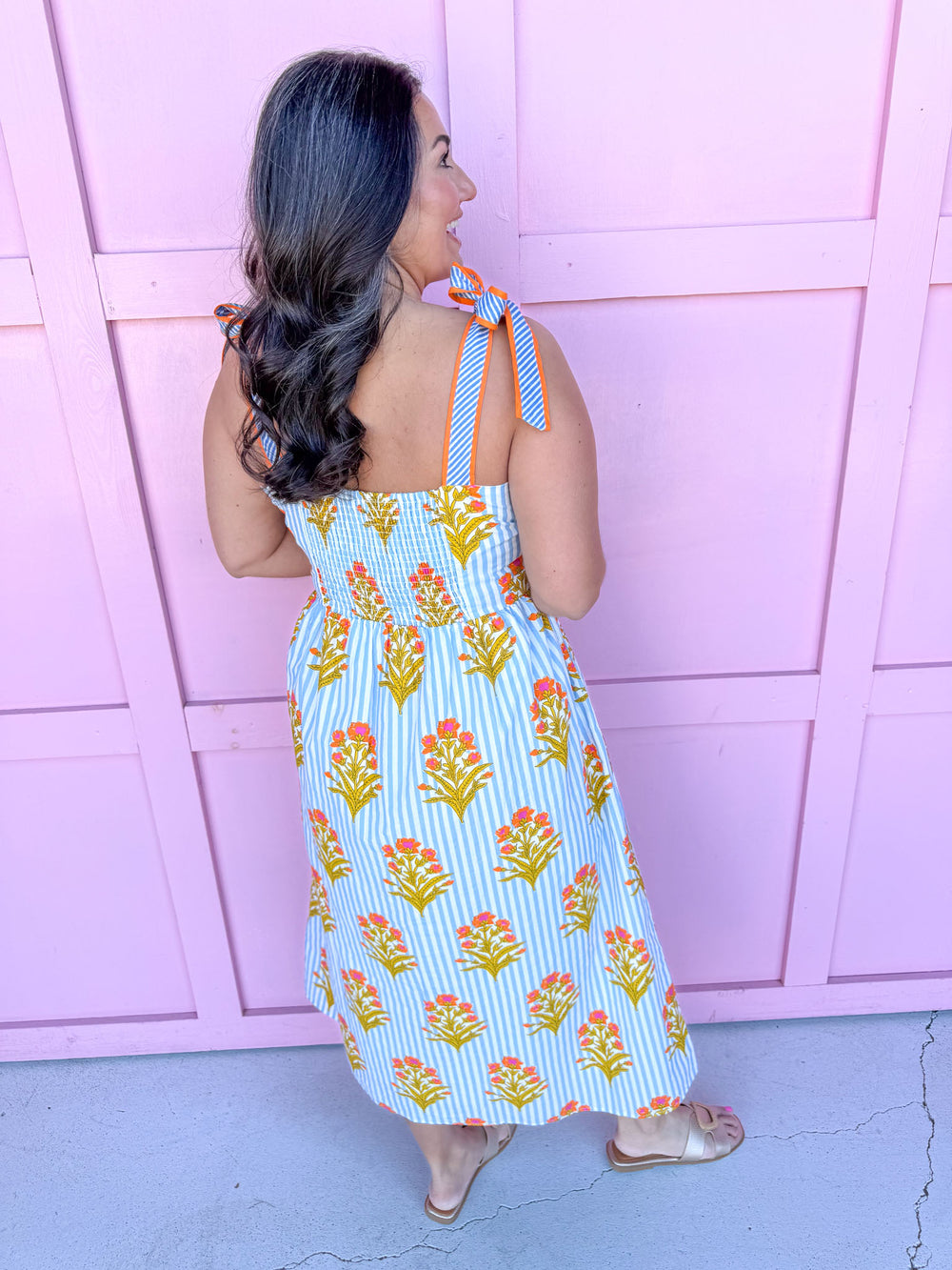 Jincy's Women's Boutique Spring Styles Blue Stripe with Orange Florals Maxi Midi Dress