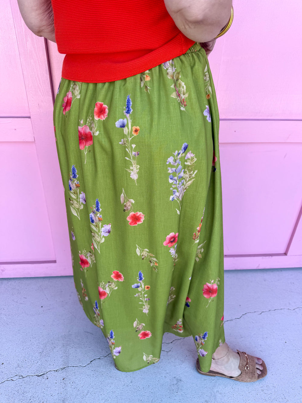 Jincy's Women's Boutique Spring Styles Green Floral Maxi Midi Skirt Plus Size