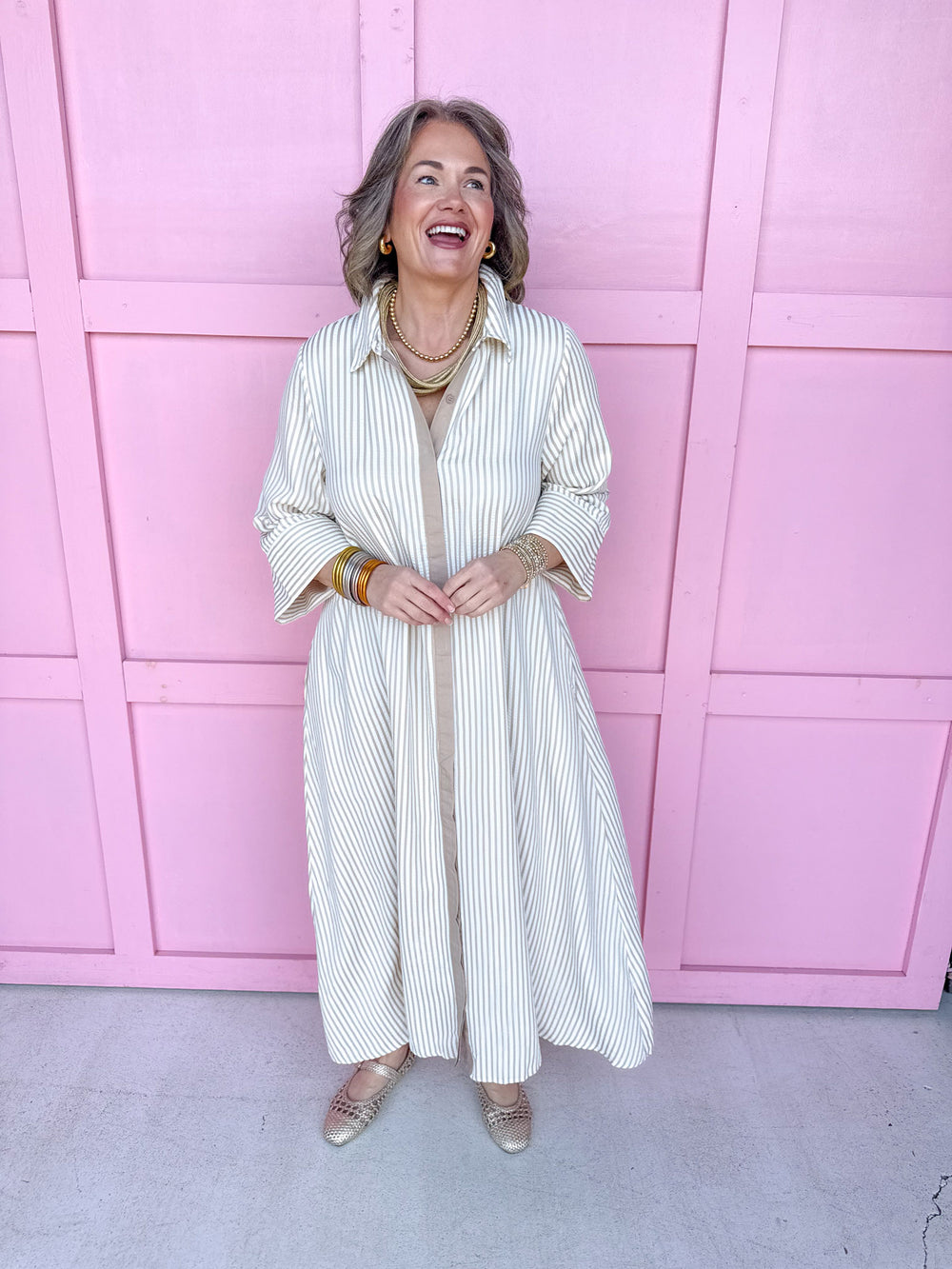 Jincy's Women's Boutique Simply Striped Dress - Sand 3/4 Sleeve Maxi Dress with Tan Stripes