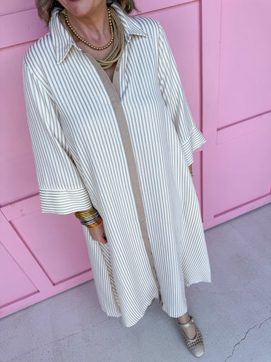 Jincy's Women's Boutique Simply Striped Dress - Sand 3/4 Sleeve Maxi Dress with Tan Stripes