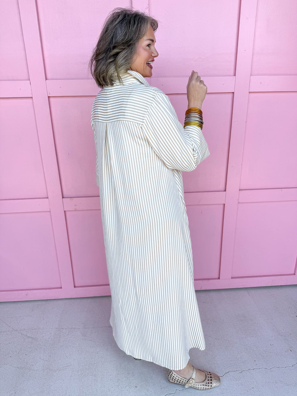 Jincy's Women's Boutique Simply Striped Dress - Sand 3/4 Sleeve Maxi Dress with Tan Stripes