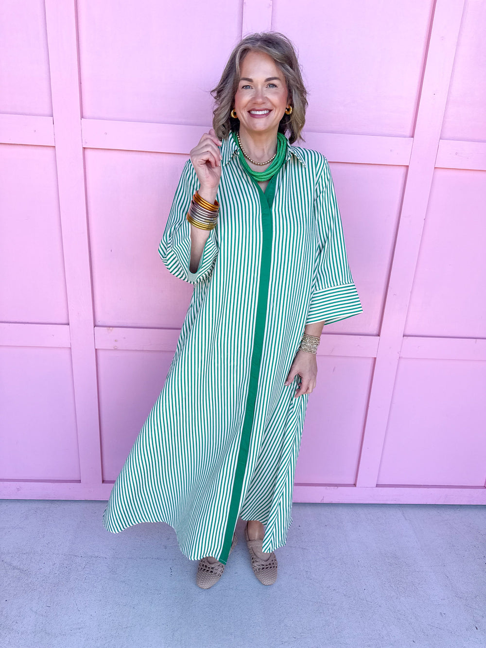 Jincy's Women's Boutique Simply Striped Dress - Green 3/4 Sleeve Maxi Dress with Green Stripes