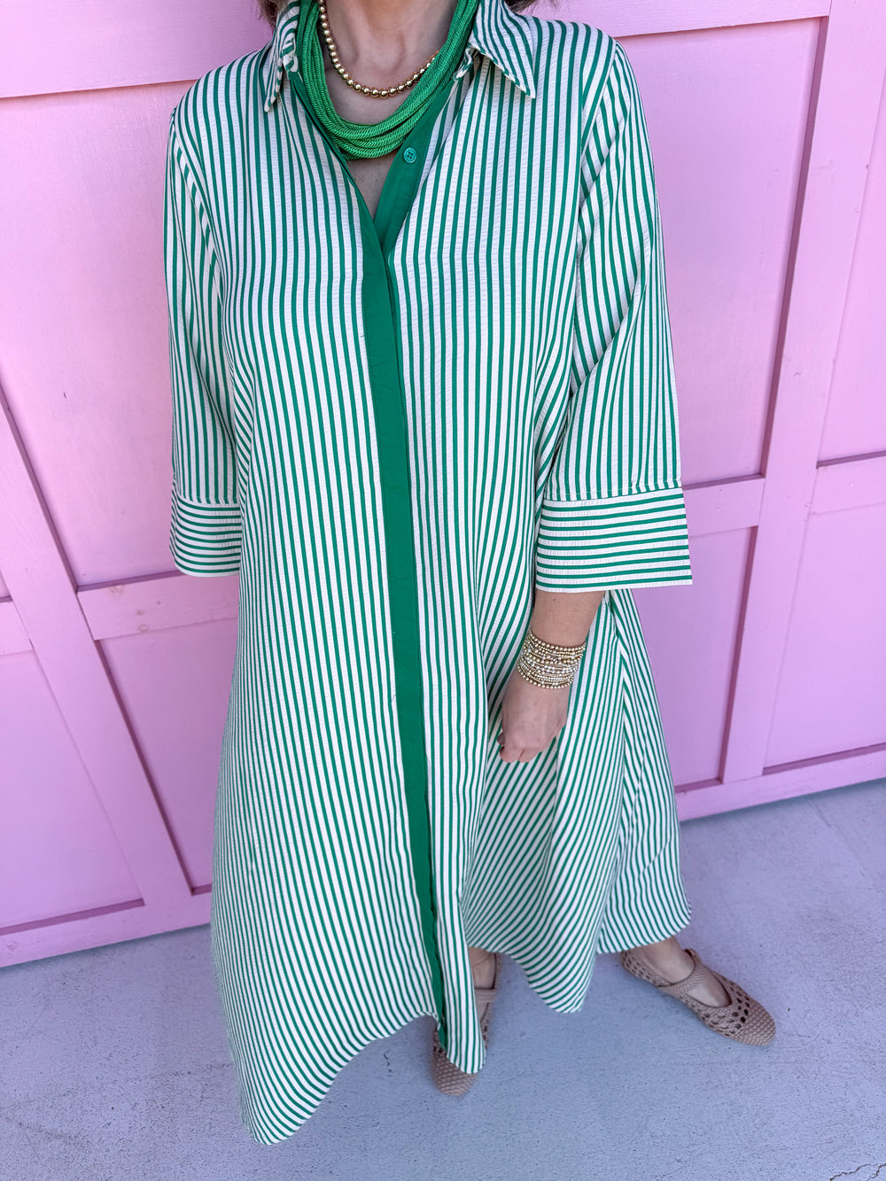 Jincy's Women's Boutique Simply Striped Dress - Green 3/4 Sleeve Maxi Dress with Green Stripes