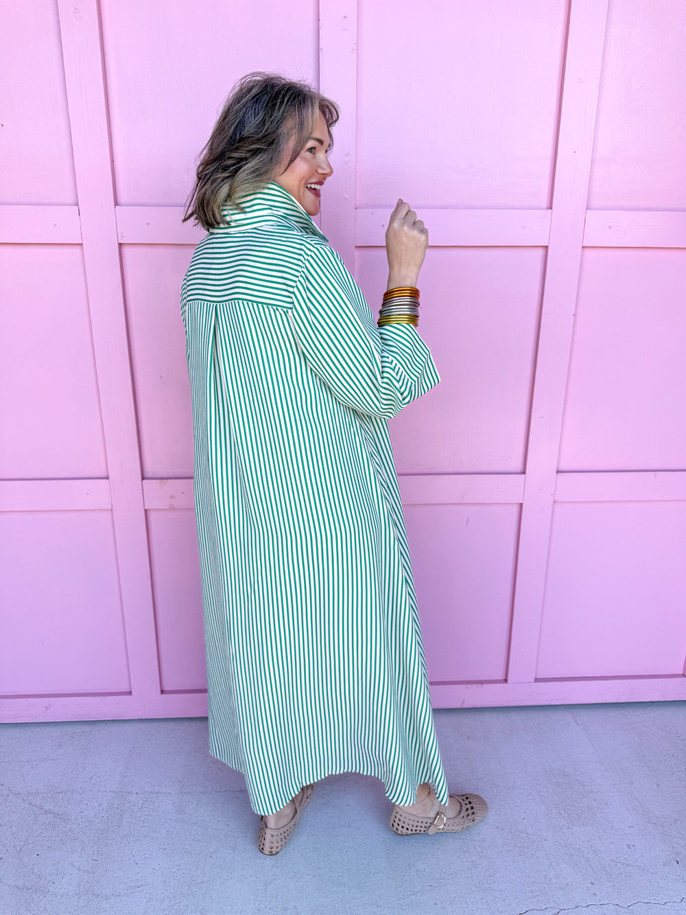 Jincy's Women's Boutique Simply Striped Dress - Green 3/4 Sleeve Maxi Dress with Green Stripes
