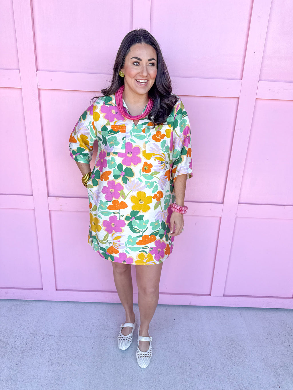 Jincy's Women's Boutique Simple Pleasures Dress Pink Green Orange Floral Print Mini Dress