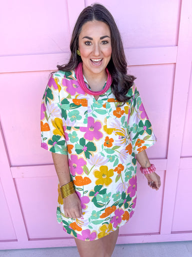 Jincy's Women's Boutique Simple Pleasures Dress Pink Green Orange Floral Print Mini Dress