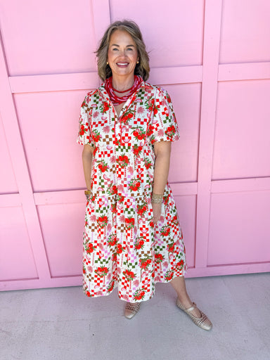 Jincy's Women's Boutique Fruit Twist Fun Midi Dress Abstract Tomato Red Collared Midi Dress