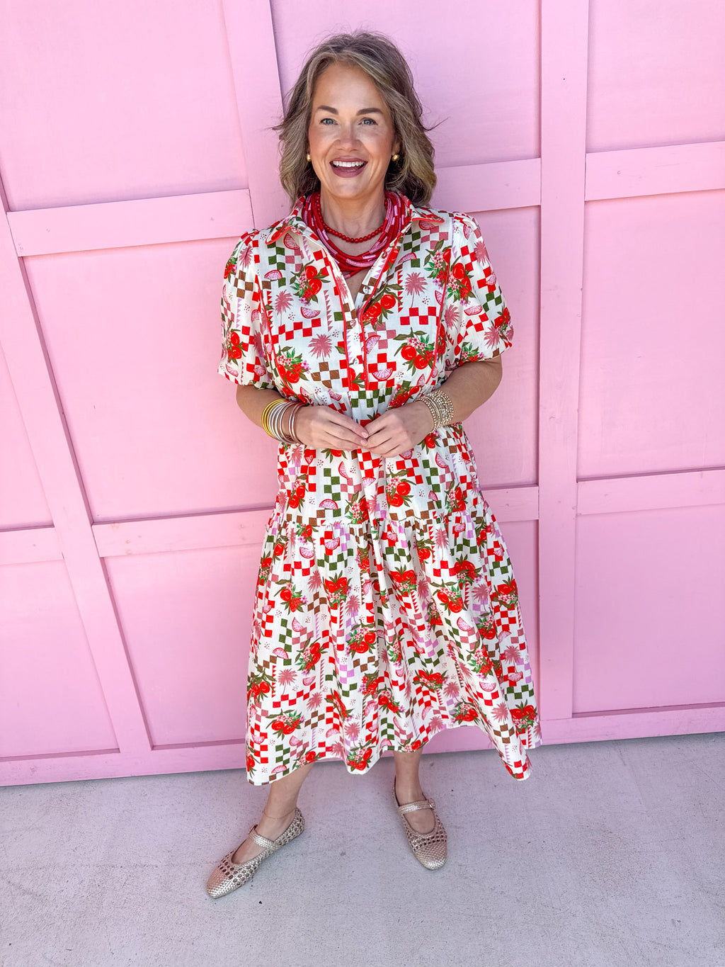 Jincy's Women's Boutique Fruit Twist Fun Midi Dress Abstract Tomato Red Collared Midi Dress