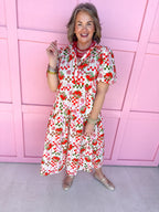 Jincy's Women's Boutique Fruit Twist Fun Midi Dress Abstract Tomato Red Collared Midi Dress