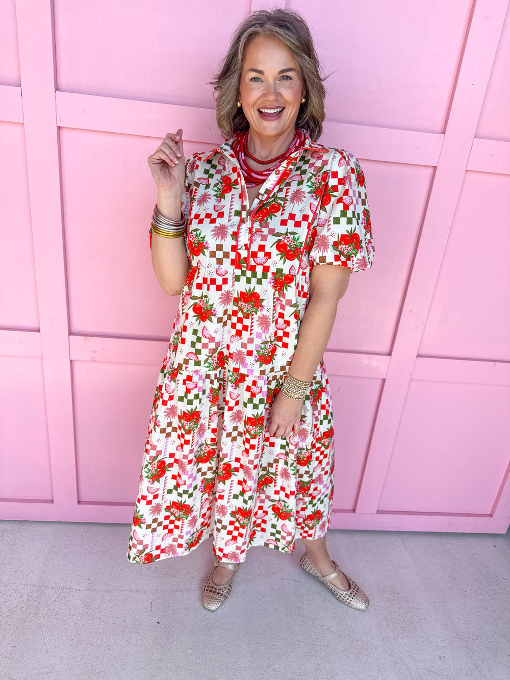 Jincy's Women's Boutique Fruit Twist Fun Midi Dress Abstract Tomato Red Collared Midi Dress