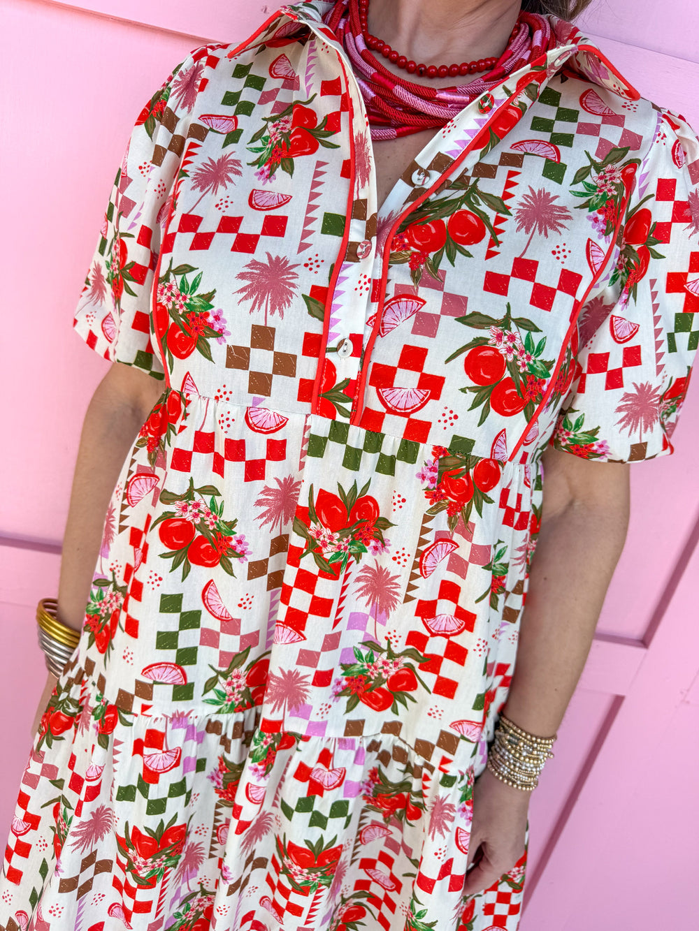 Jincy's Women's Boutique Fruit Twist Fun Midi Dress Abstract Tomato Red Collared Midi Dress