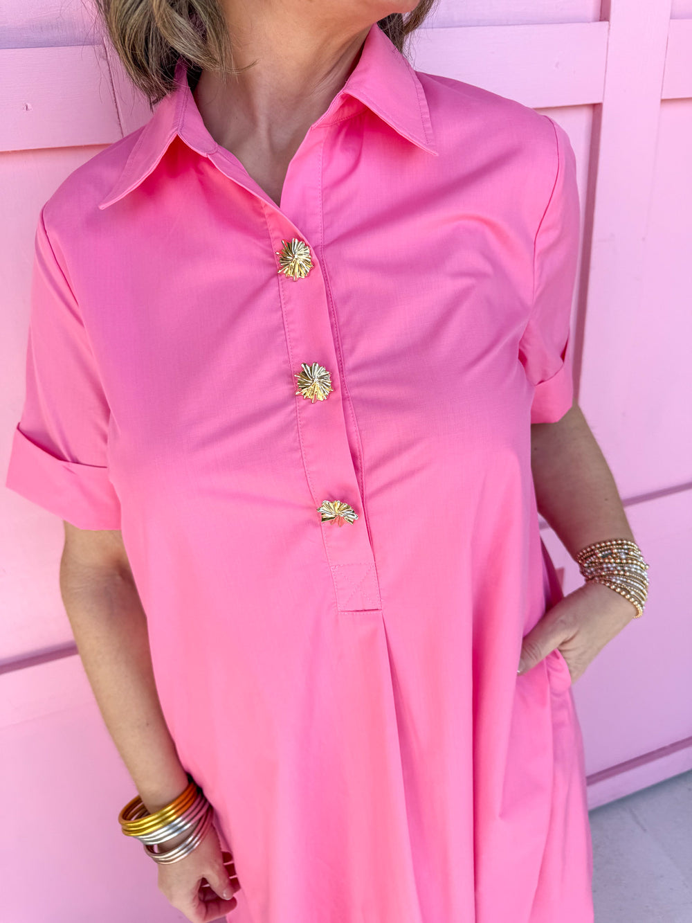 Jincy's Women's Boutique Picture Perfect Dress Pink Midi Dress with Bold Gold Buttons