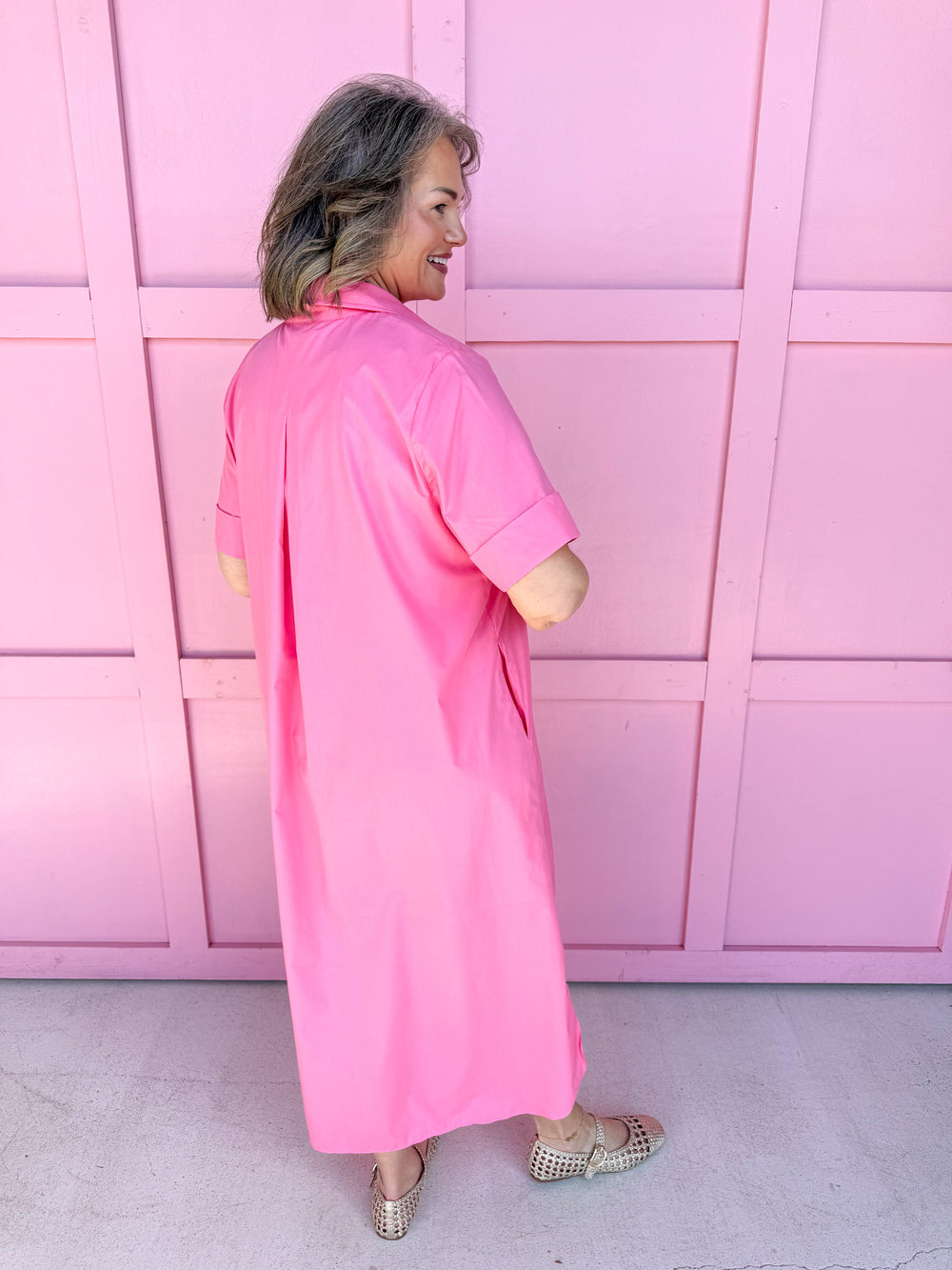 Jincy's Women's Boutique Picture Perfect Dress Pink Midi Dress with Bold Gold Buttons