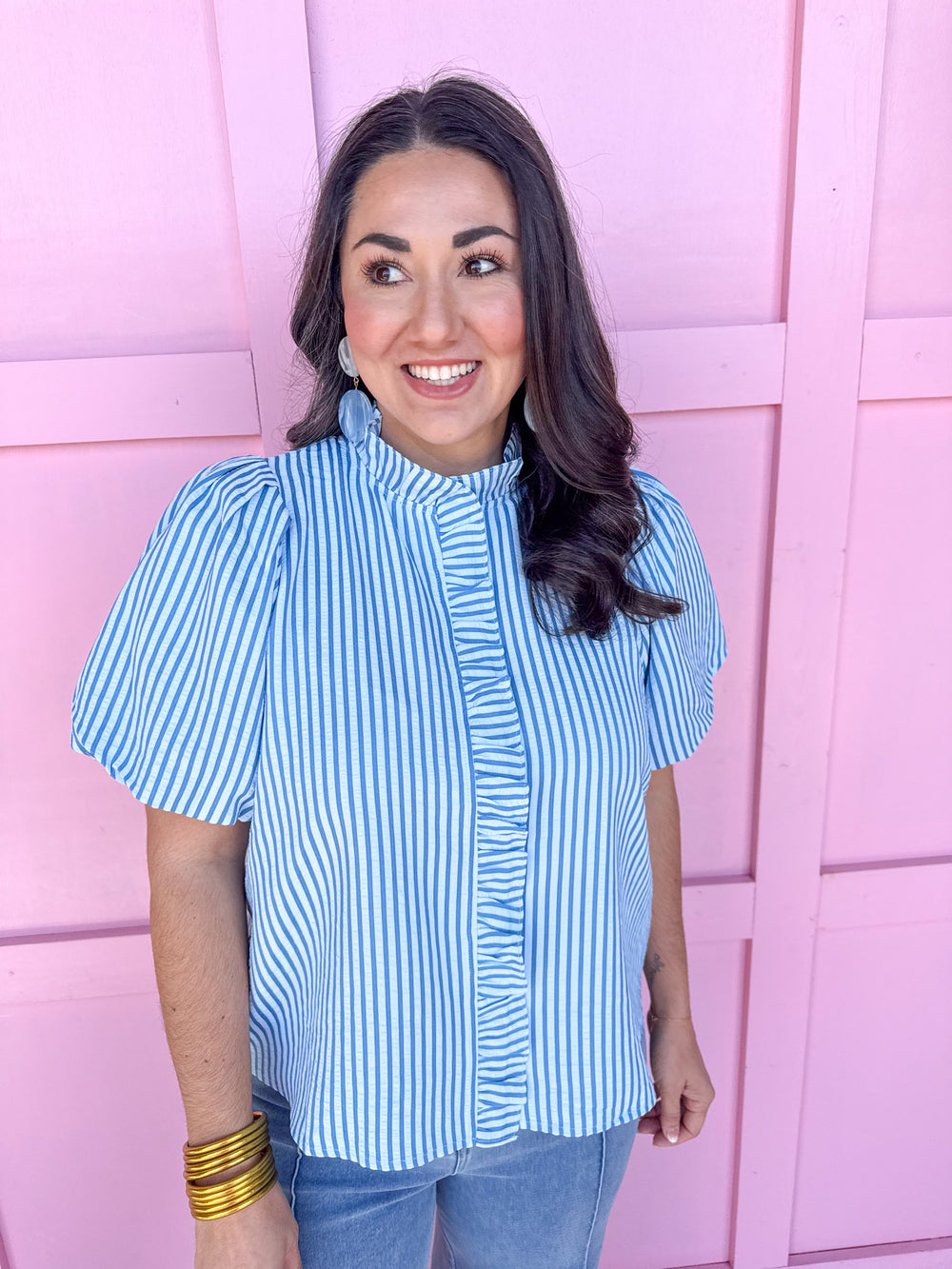 Jincy's Women's Boutique Striped & Sassy Top Blue Striped Ruffle Top