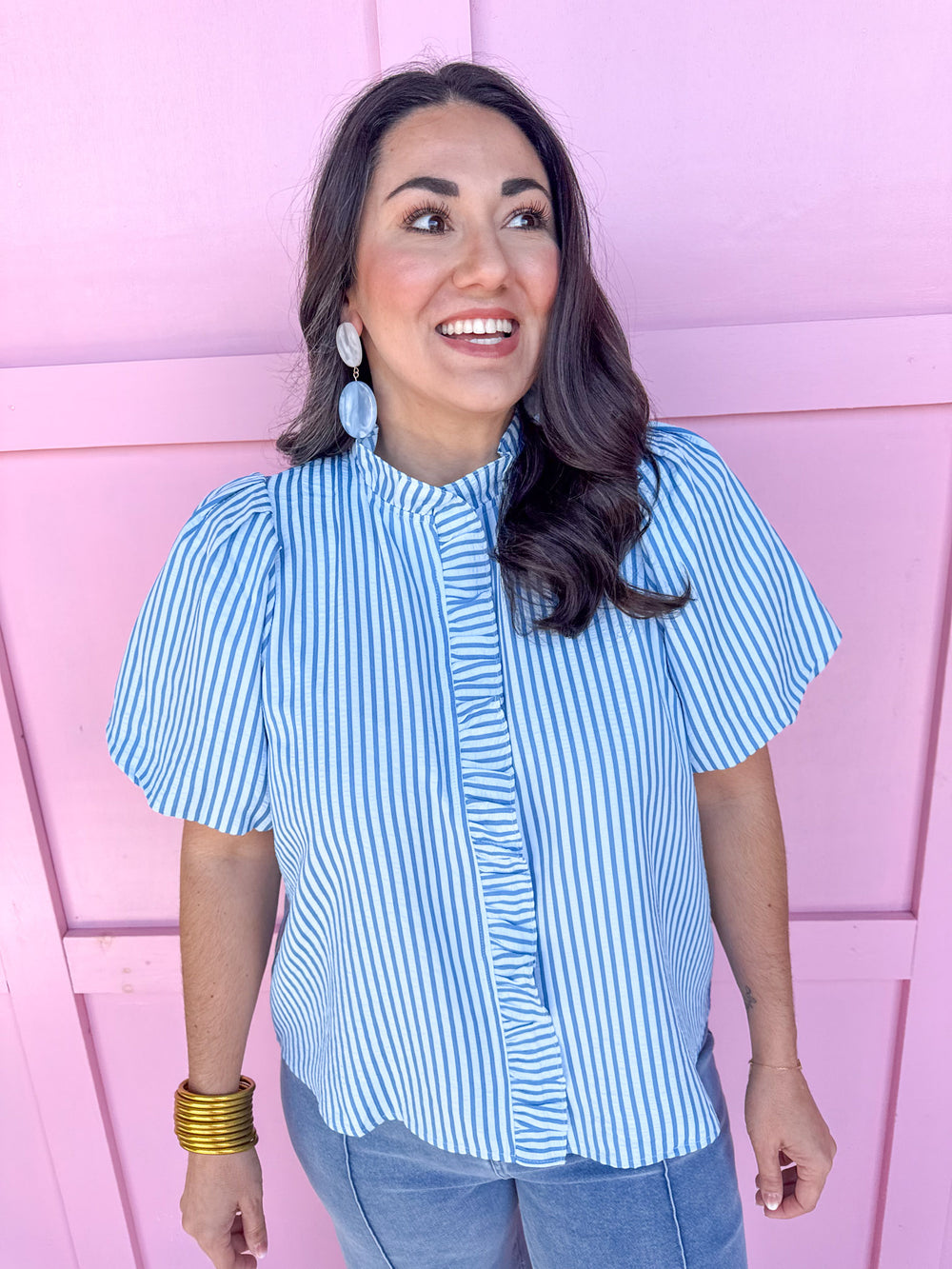 Jincy's Women's Boutique Striped & Sassy Top Blue Striped Ruffle Top