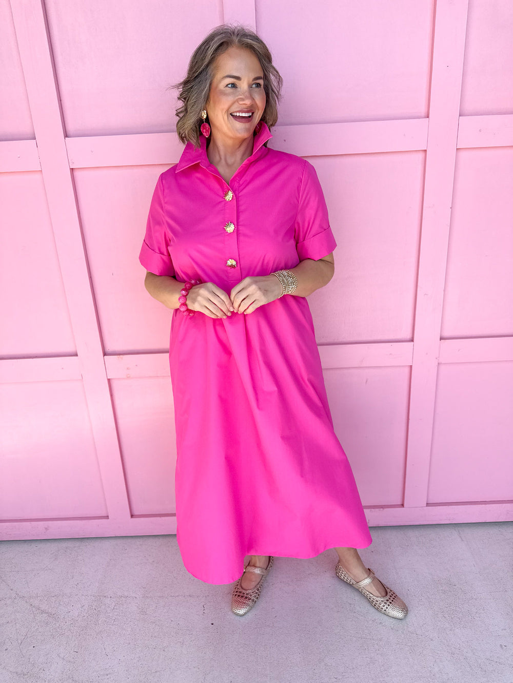 Jincy's Women's Boutique Picture Perfect Dress - Hot Pink Midi Dress with Bold Gold Buttons