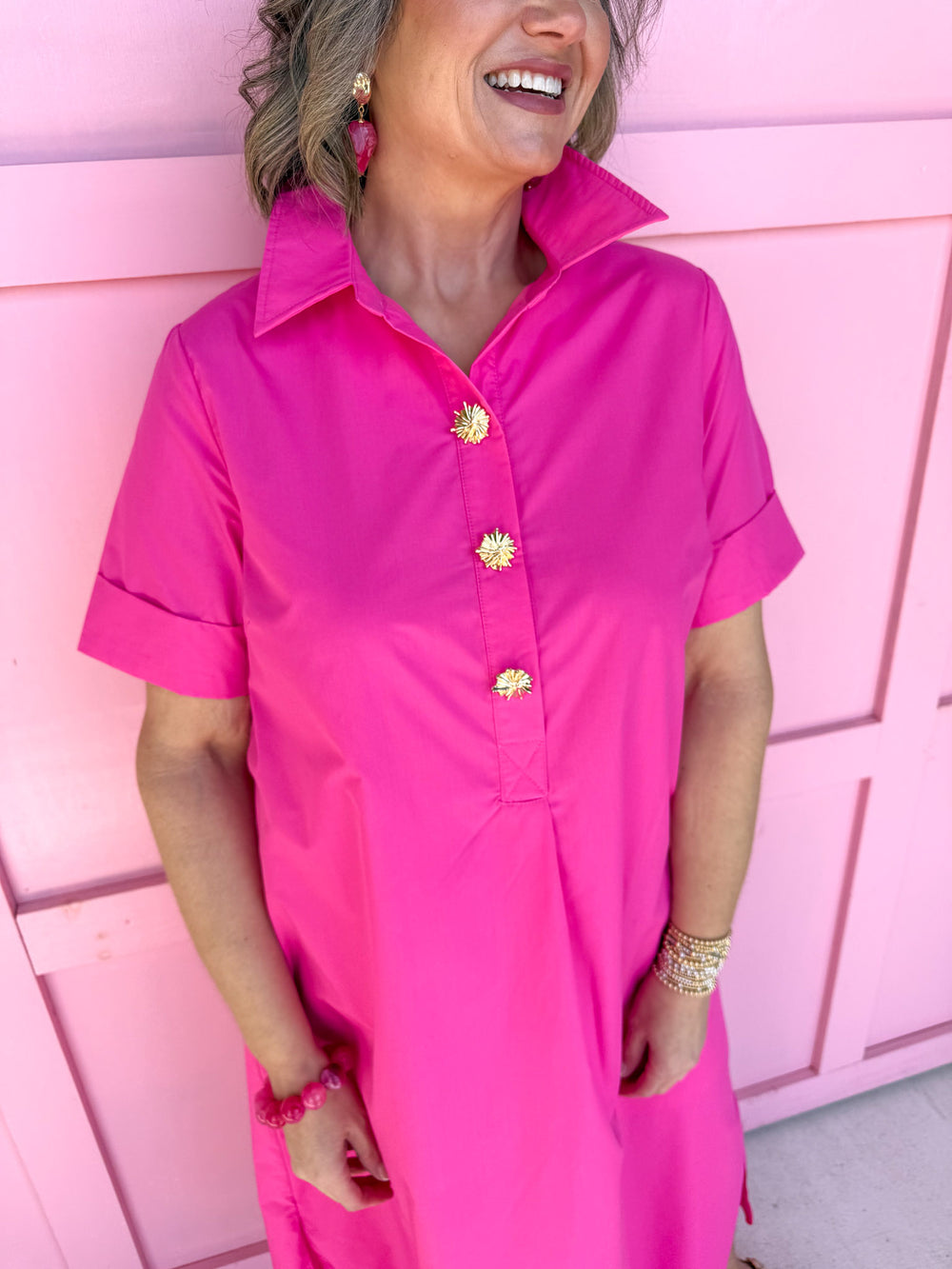 Jincy's Women's Boutique Picture Perfect Dress - Hot Pink Midi Dress with Bold Gold Buttons