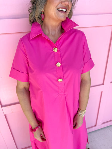 Jincy's Women's Boutique Picture Perfect Dress - Hot Pink Midi Dress with Bold Gold Buttons