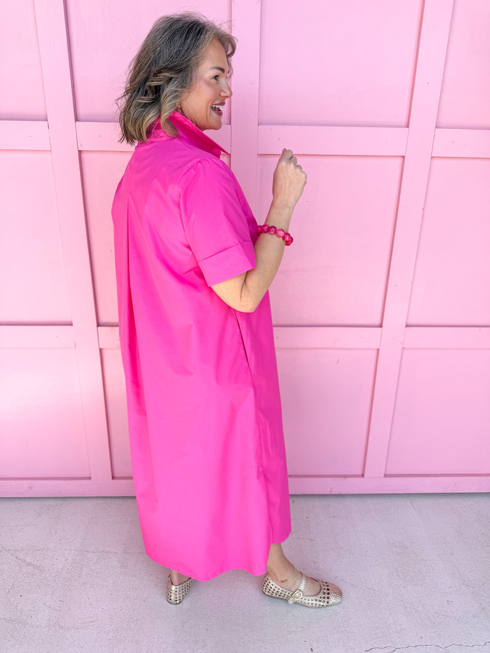 Jincy's Women's Boutique Picture Perfect Dress - Hot Pink Midi Dress with Bold Gold Buttons