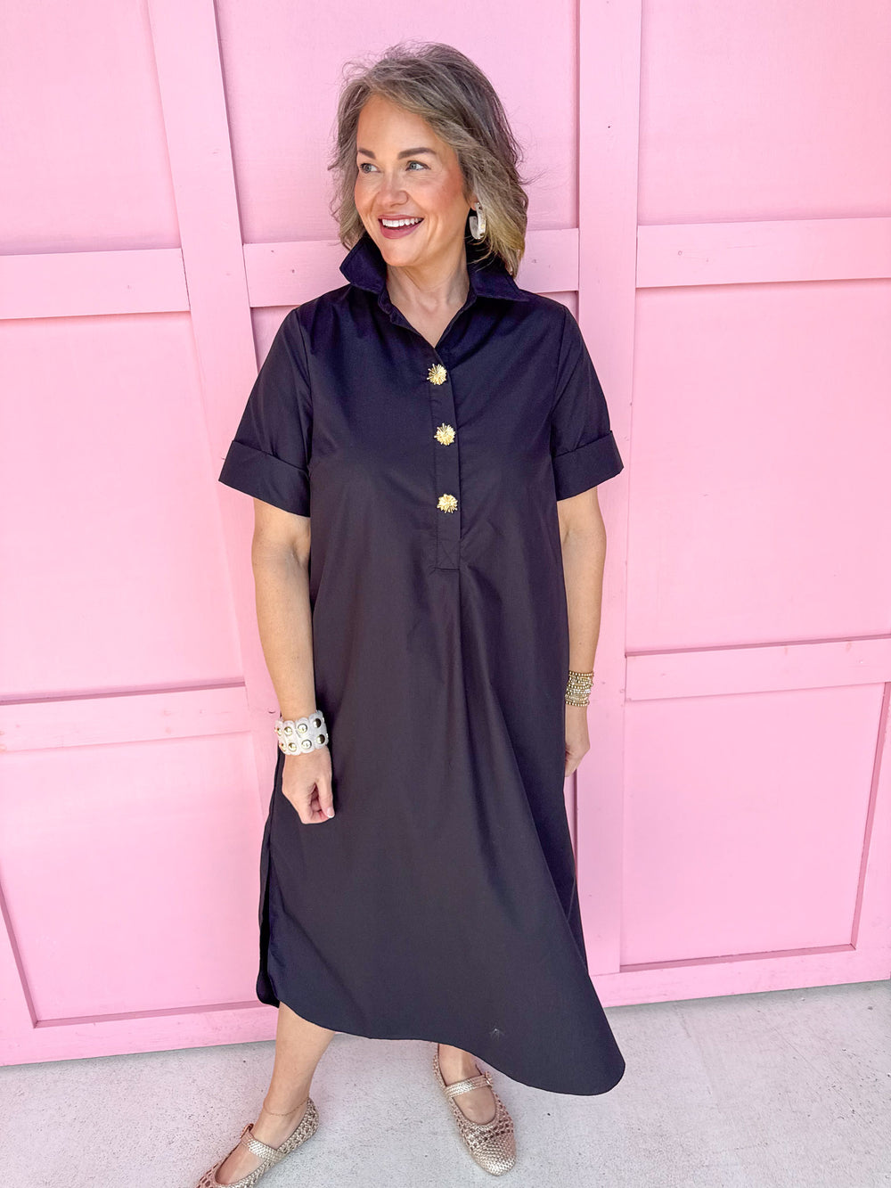 Jincy's Women's Boutique Picture Perfect Dress black Midi Dress with Bold Gold Button