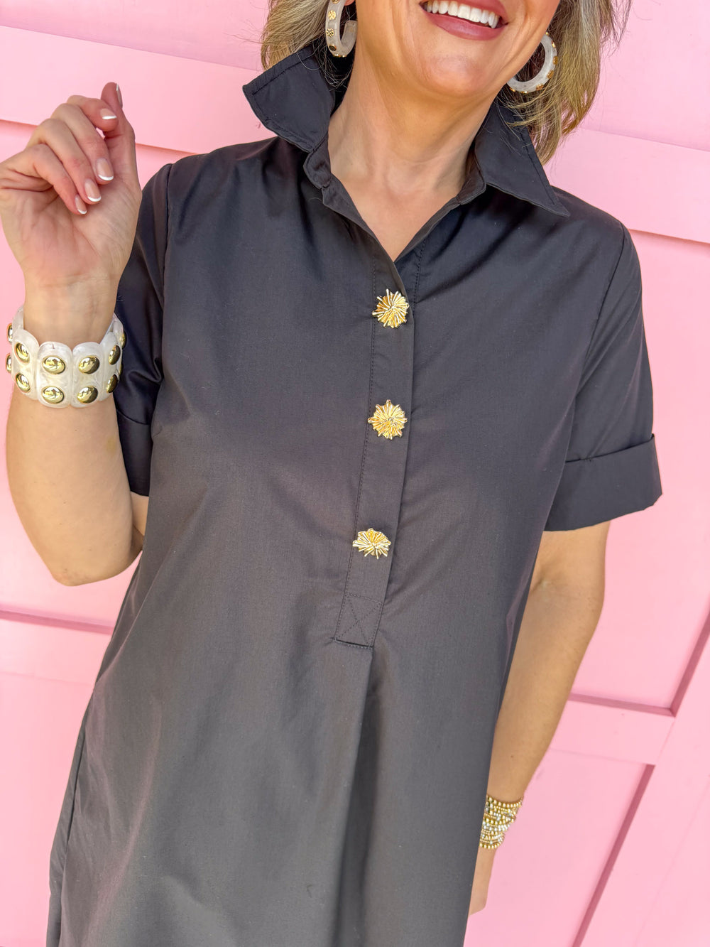 Jincy's Women's Boutique Picture Perfect Dress black Midi Dress with Bold Gold Button