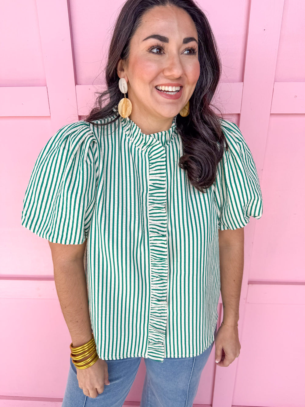 Jincy's Women's Boutique Striped & Sassy Top Green Striped Ruffle Top