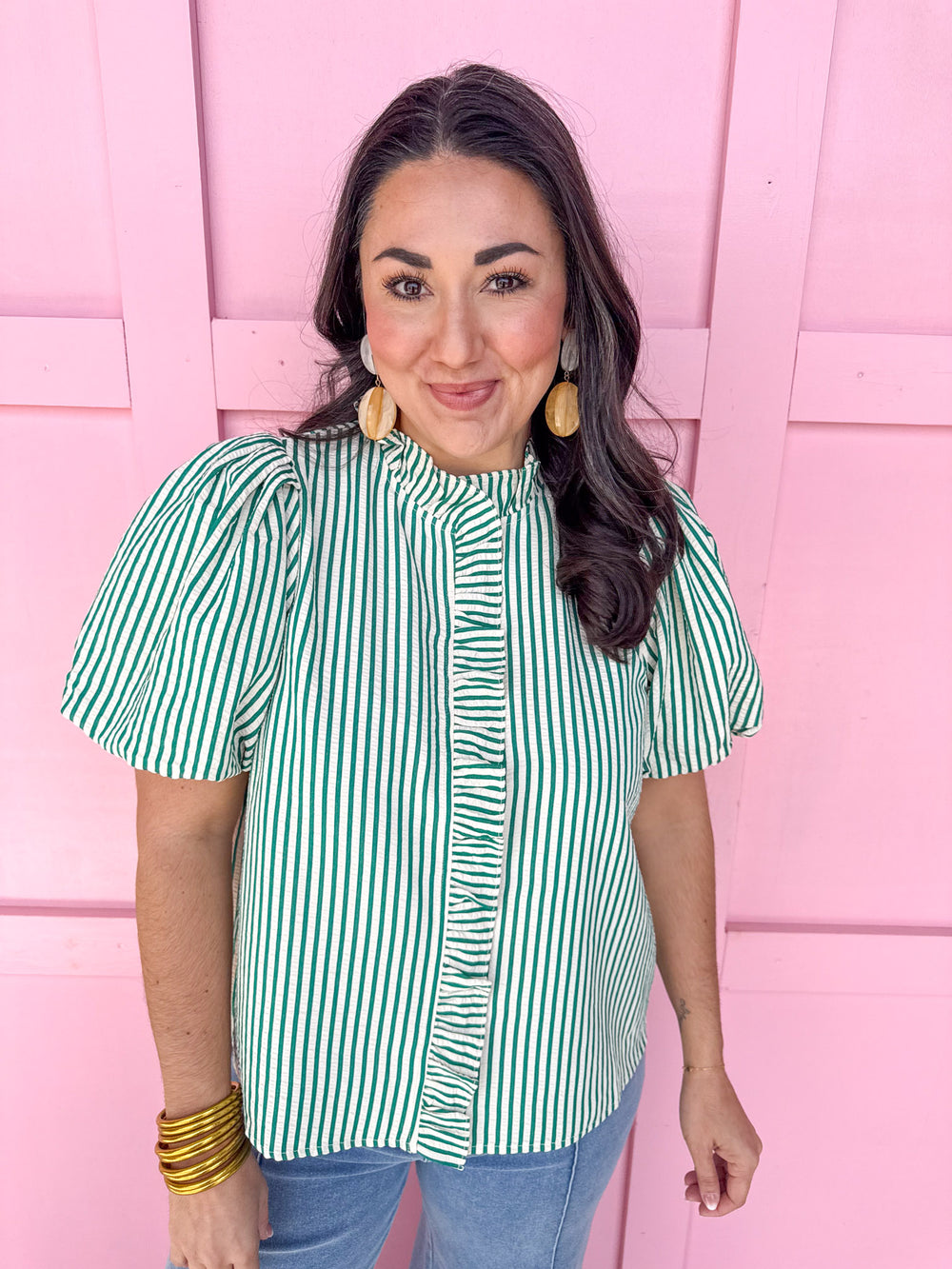 Jincy's Women's Boutique Striped & Sassy Top Green Striped Ruffle Top