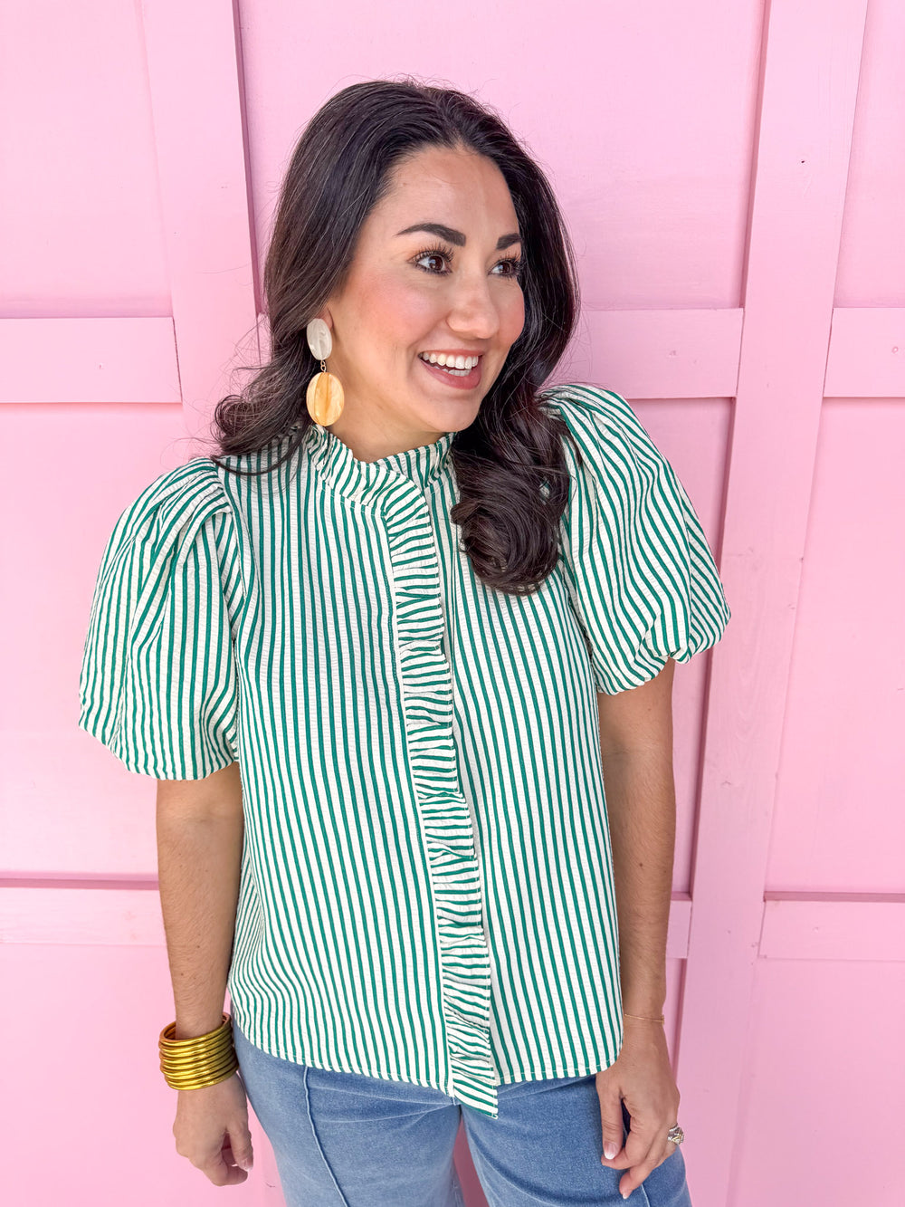 Jincy's Women's Boutique Striped & Sassy Top Green Striped Ruffle Top