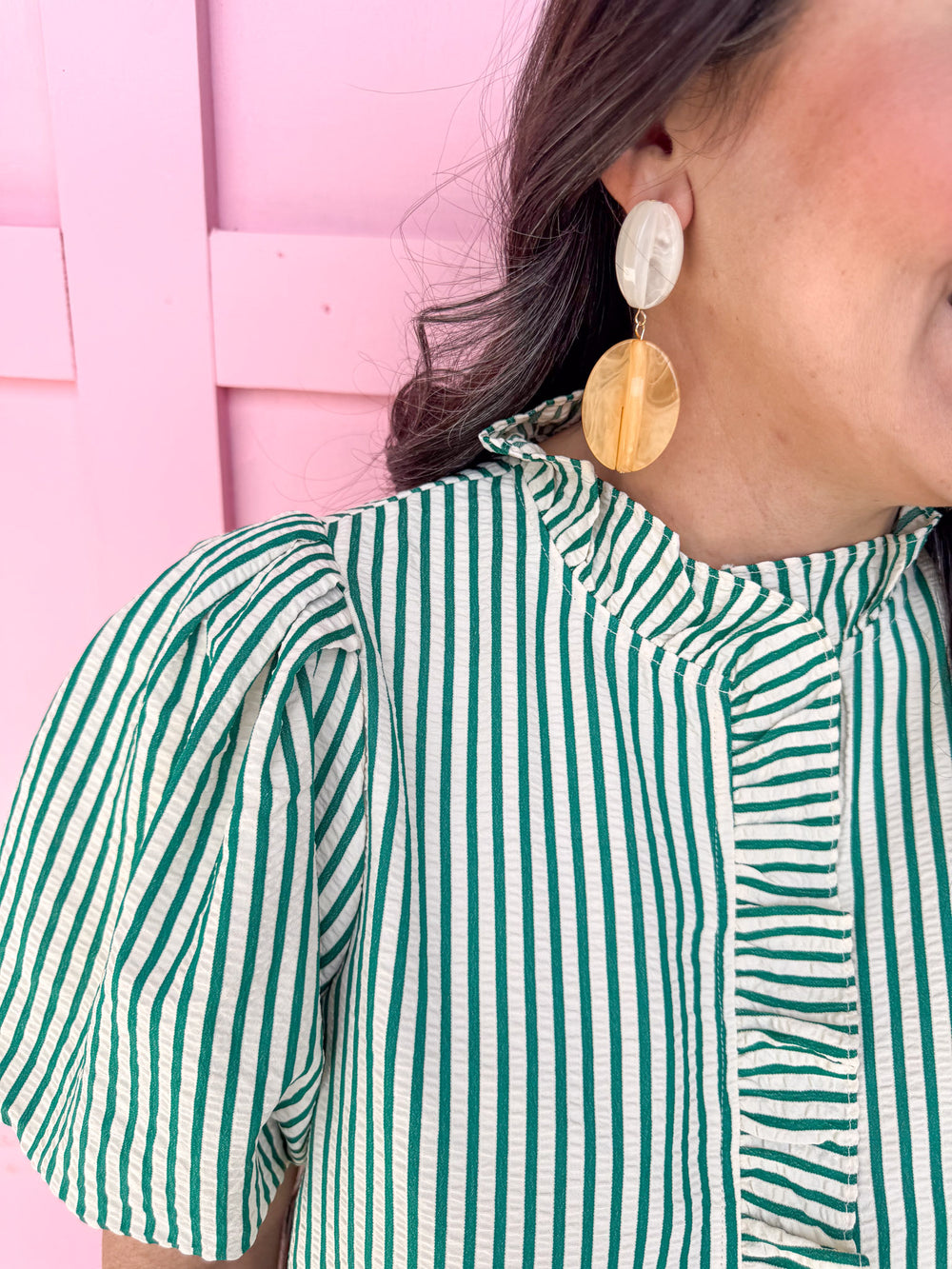 Jincy's Women's Boutique Striped & Sassy Top Green Striped Ruffle Top