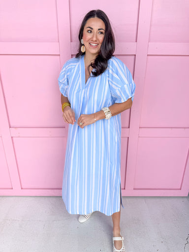 Jincy's Women's Boutique Everyday Chic Dress Sky Blue Midi Stripe Dress