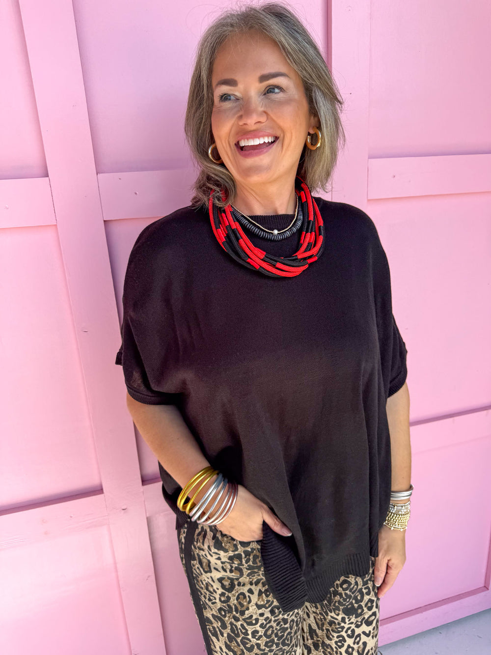 Black Lightweight Knit Oversized Tunic Sweater Top