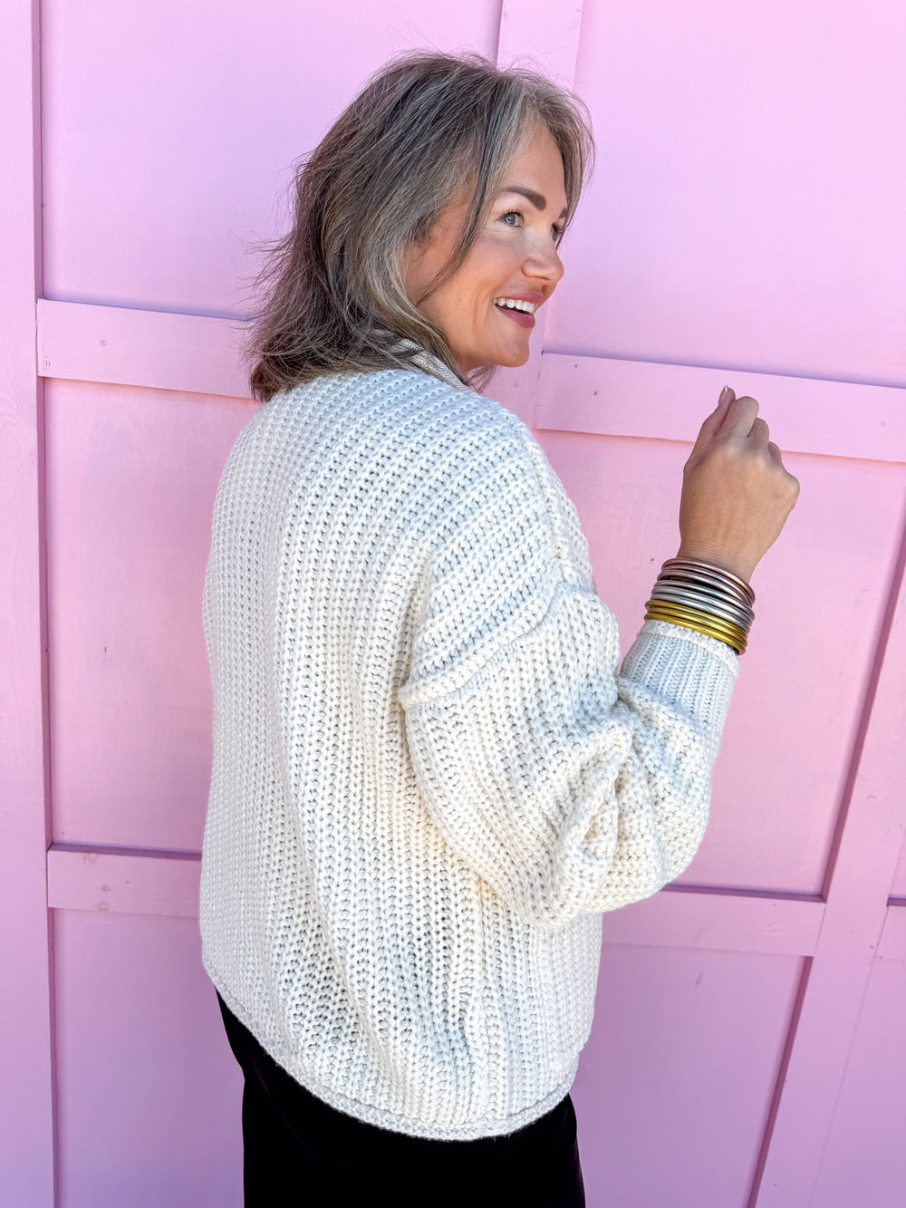 Cream Ivory White Knit Sweater Chunky Gold Hammered Buttons