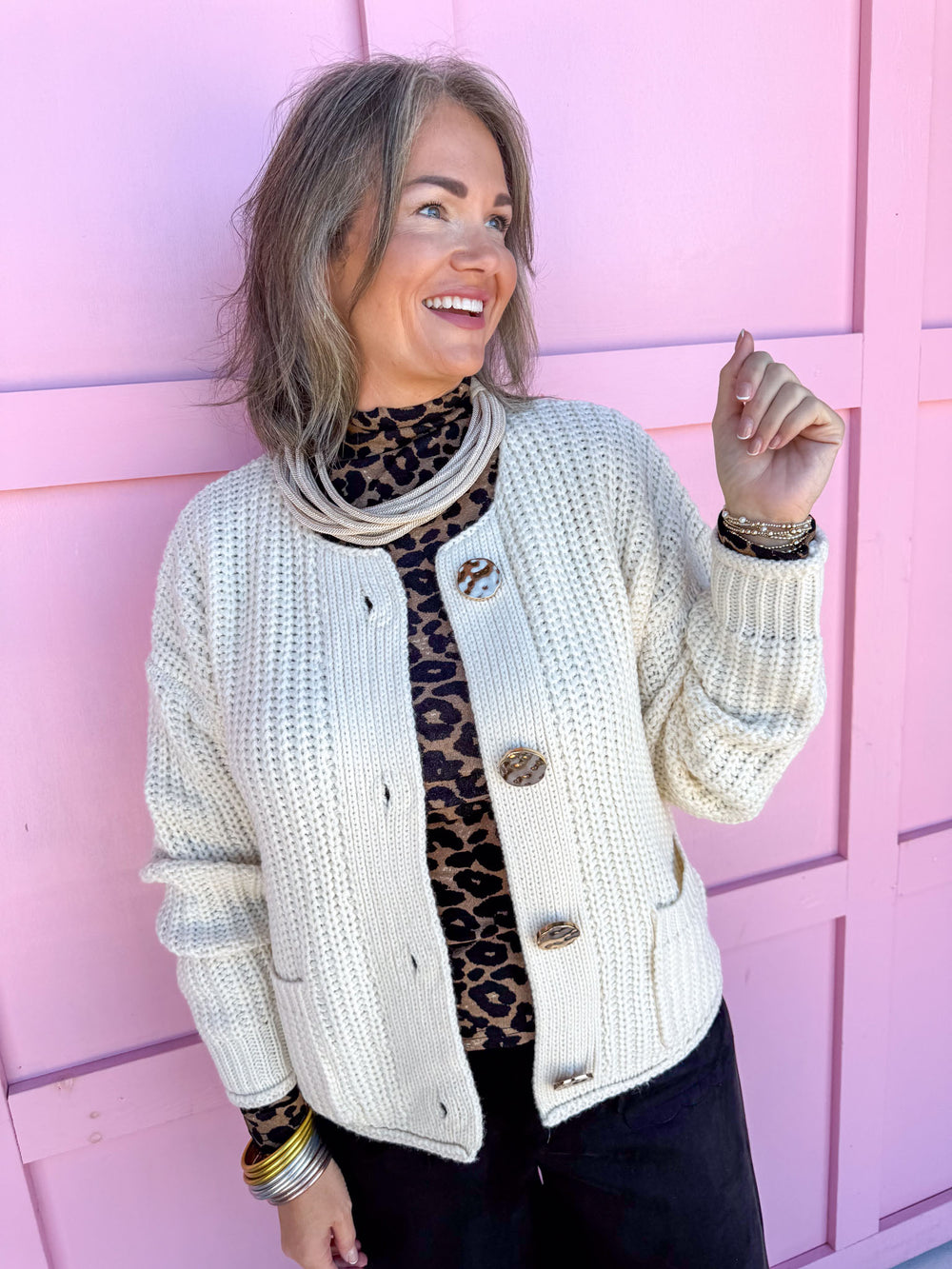 Cream Ivory White Knit Sweater Chunky Gold Hammered Buttons