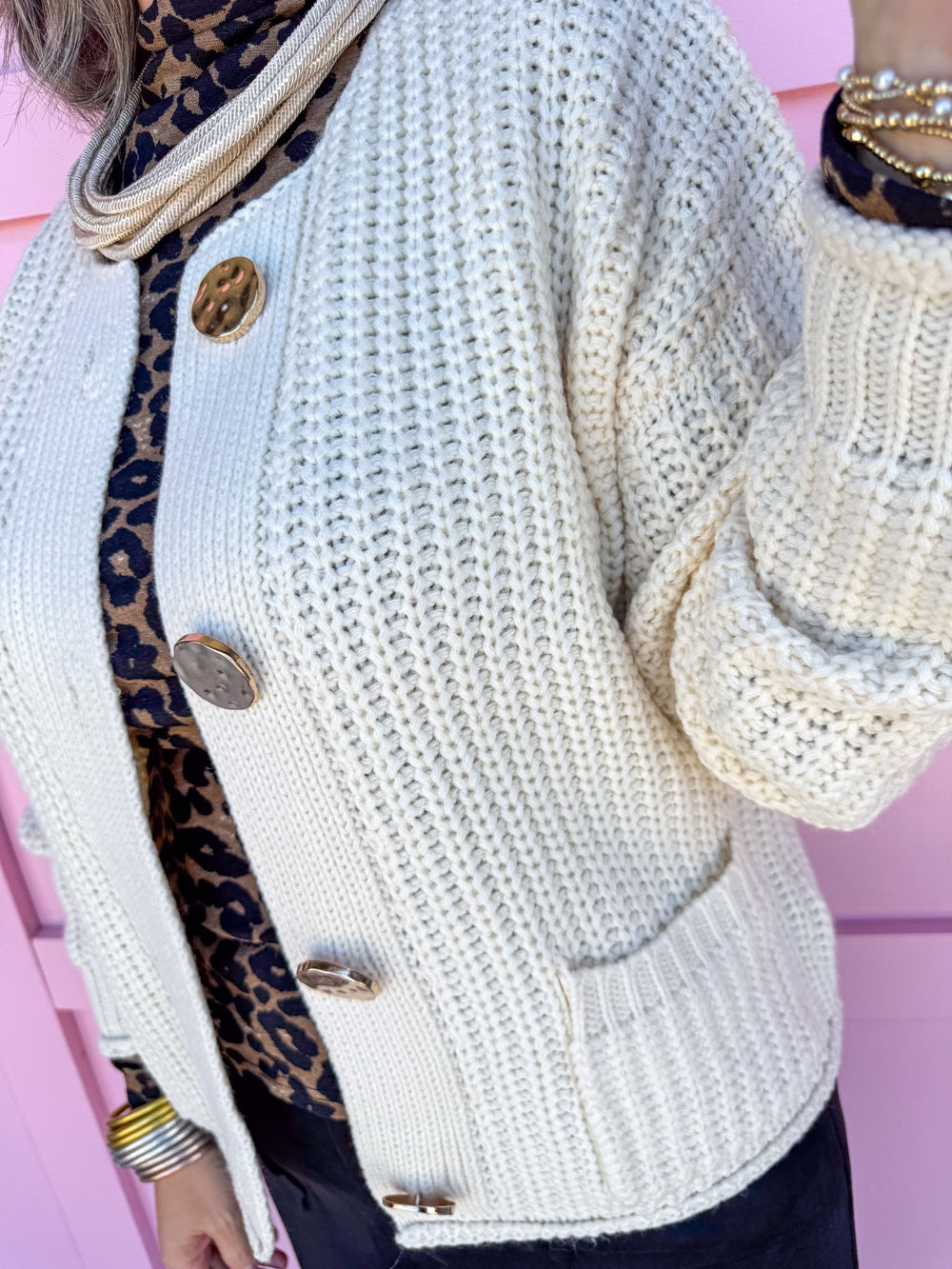 Cream Ivory White Knit Sweater Chunky Gold Hammered Buttons