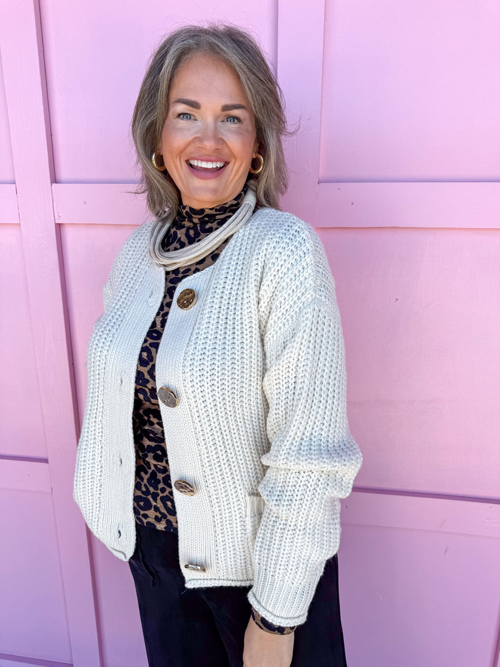 Cream Ivory White Knit Sweater Chunky Gold Hammered Buttons