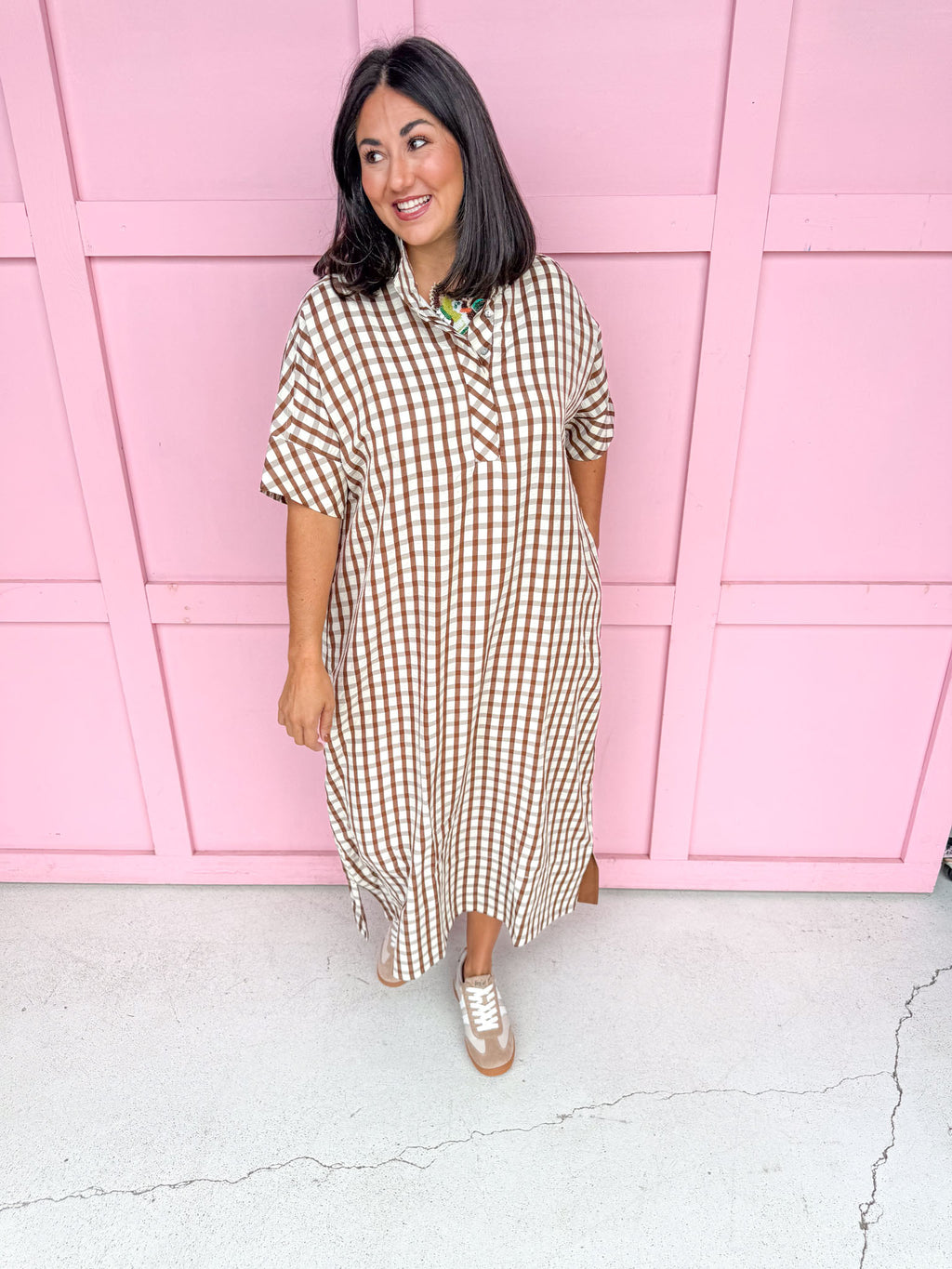 Autumn Wishes Gingham Dress - Brown