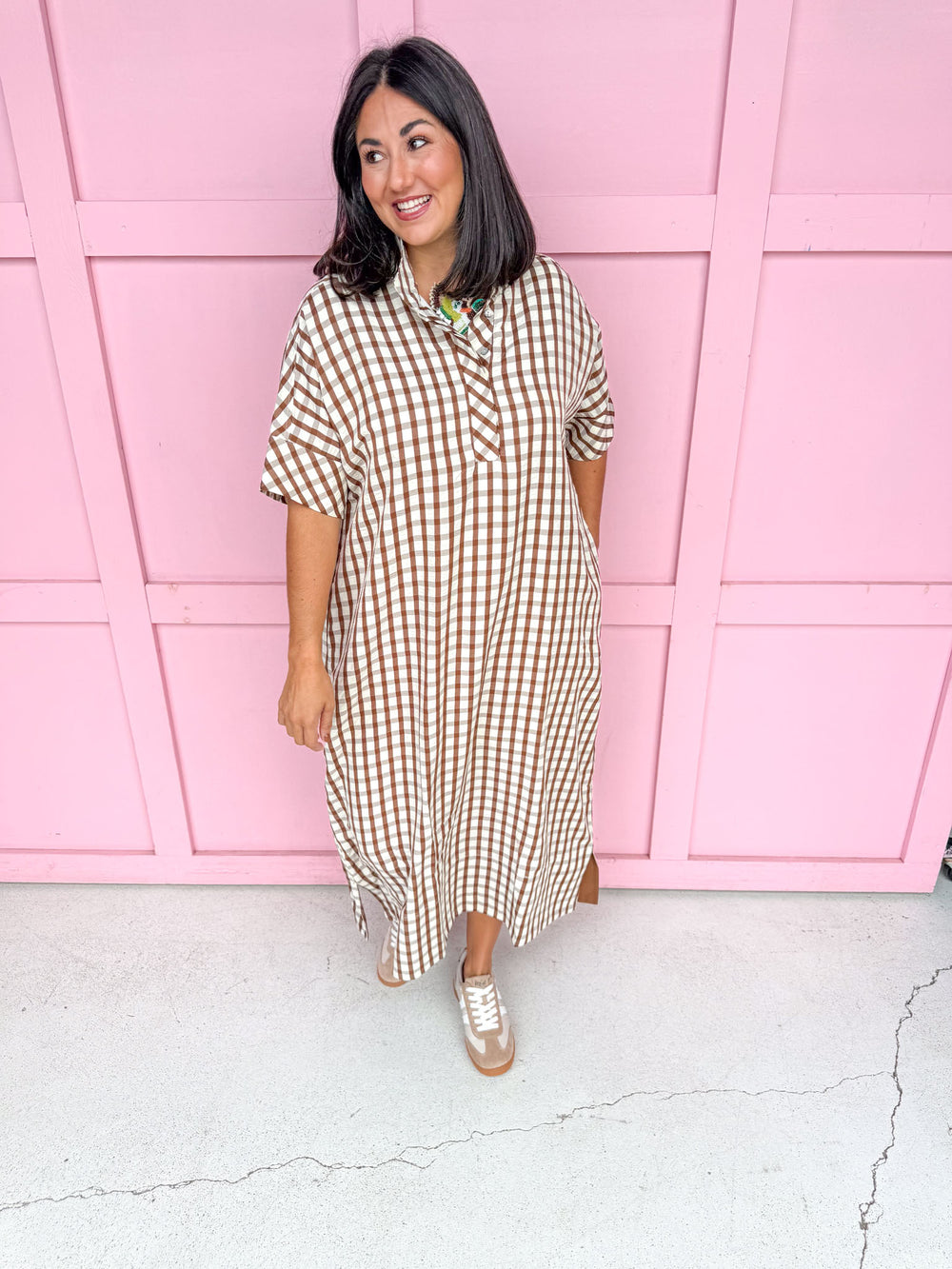 Autumn Wishes Gingham Dress - Brown
