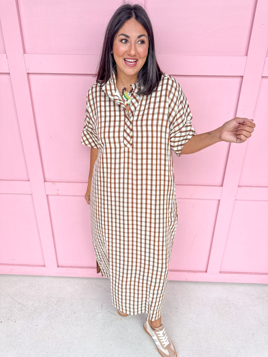 Autumn Wishes Gingham Dress - Brown