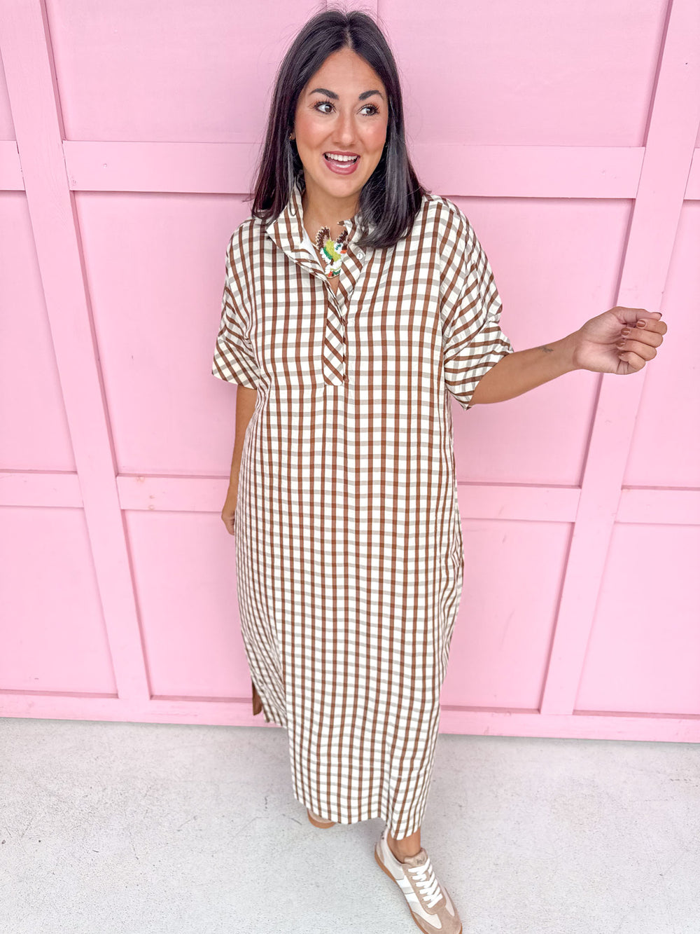 Autumn Wishes Gingham Dress - Brown