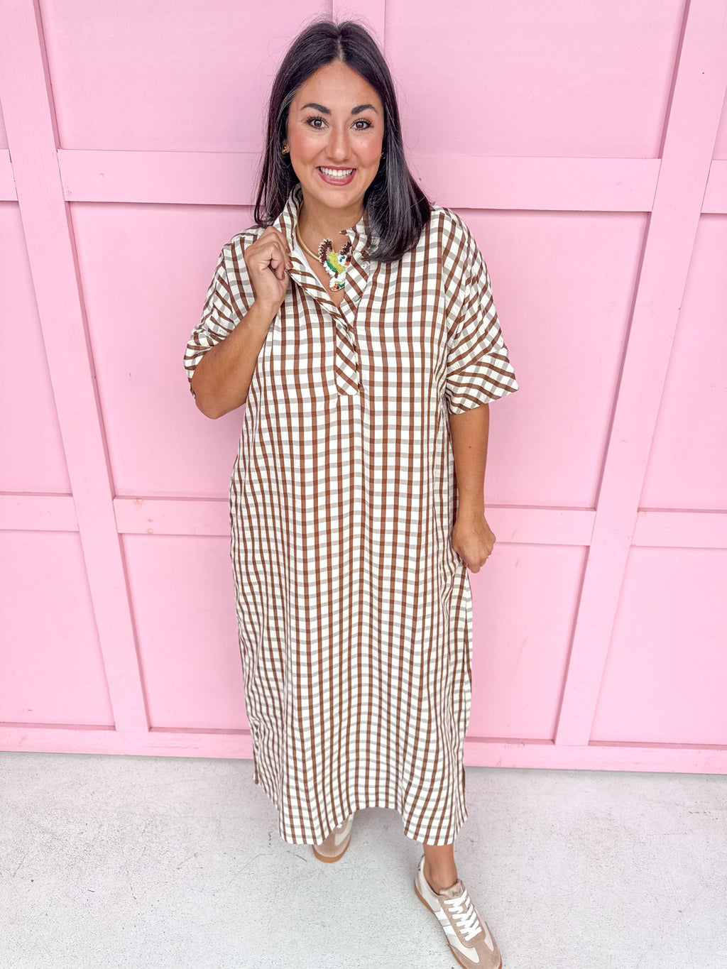 Autumn Wishes Gingham Dress - Brown