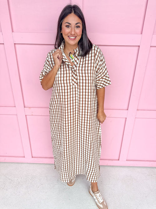 Autumn Wishes Gingham Dress - Brown