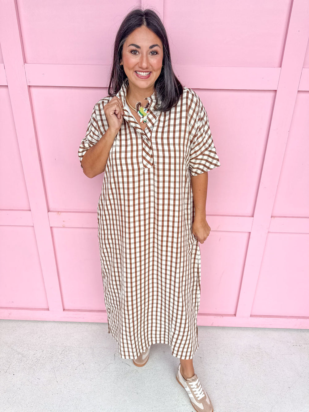 Autumn Wishes Gingham Dress - Brown