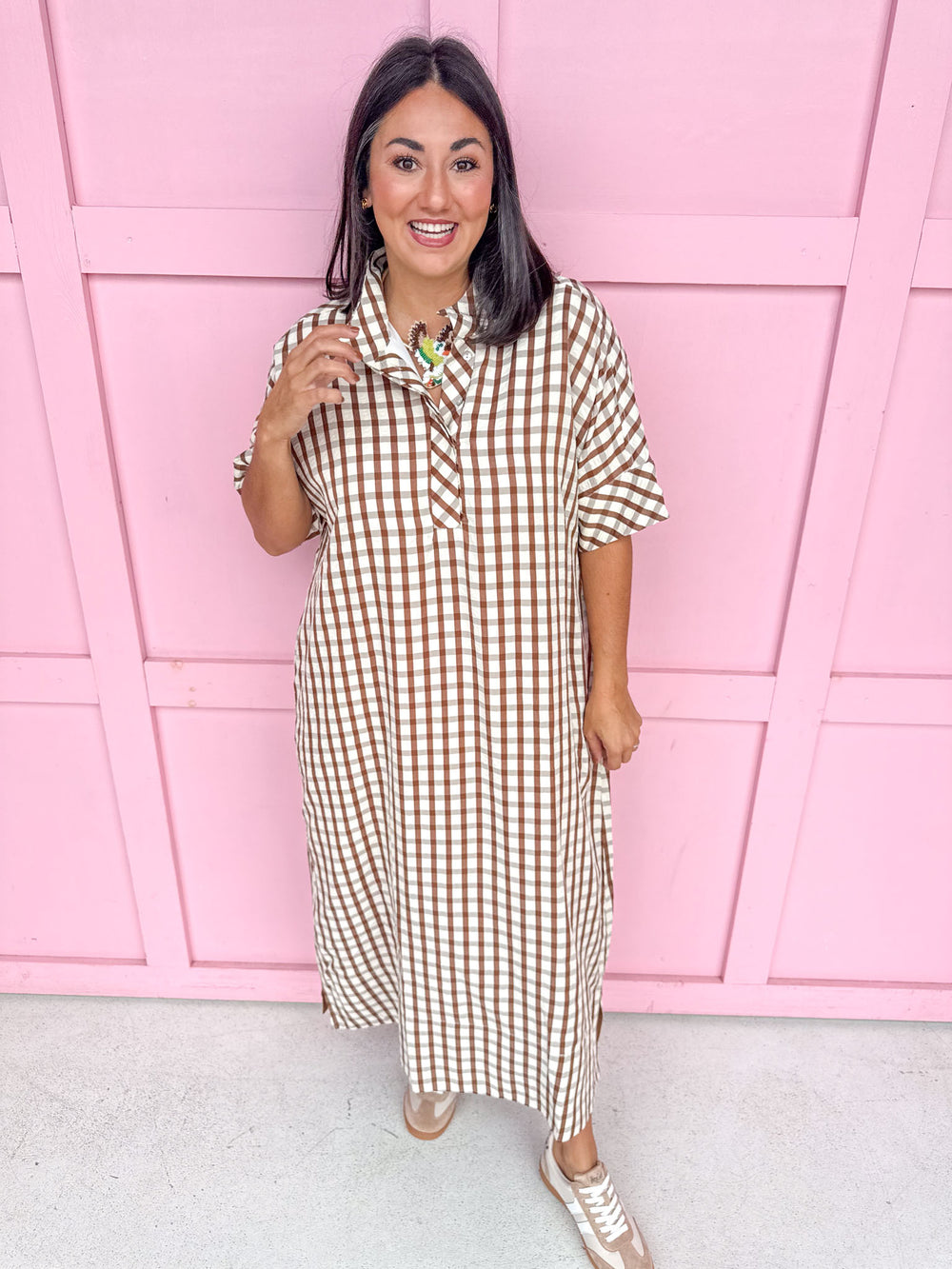 Autumn Wishes Gingham Dress - Brown