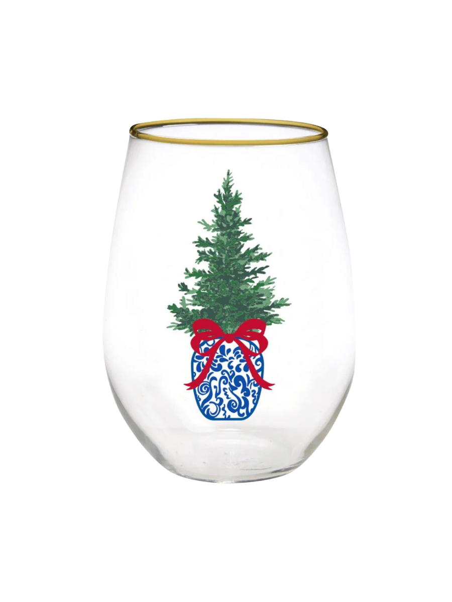 Mary Square | Stemless Wine Glass - Chinoiserie Tree