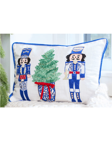 Mary Square Lumbar Pillow Merry Marchers nutcrackers christmas tree blue white chinoiserie home decor jincy's
