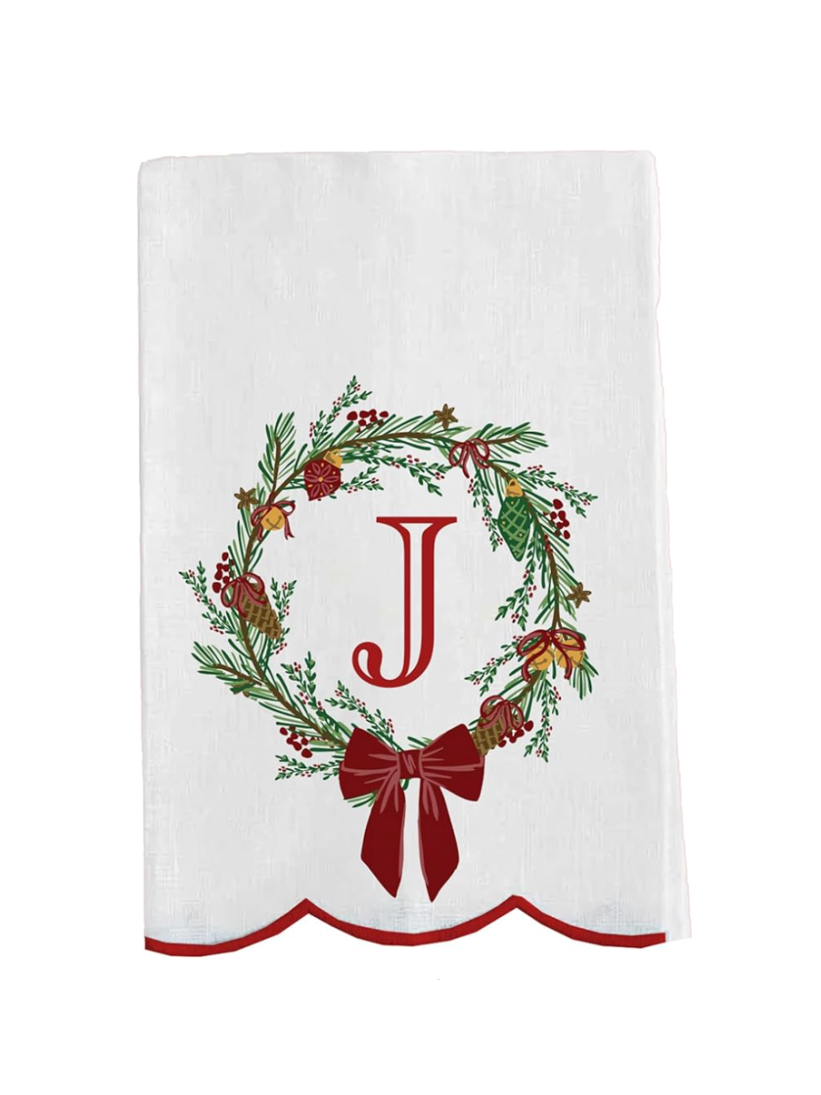 Mary Square | Tea Towel - Christmas Wreath Initial