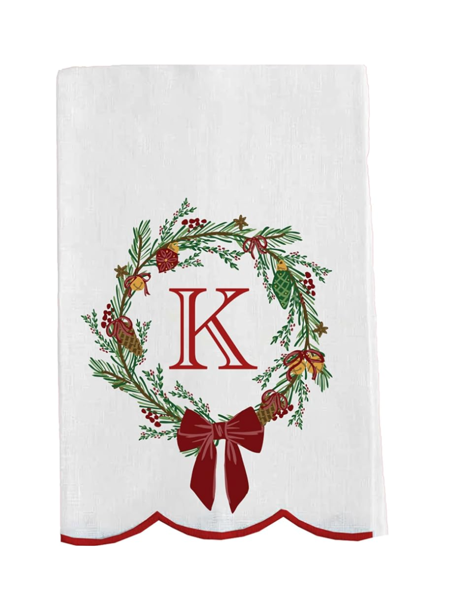 Mary Square | Tea Towel - Christmas Wreath Initial