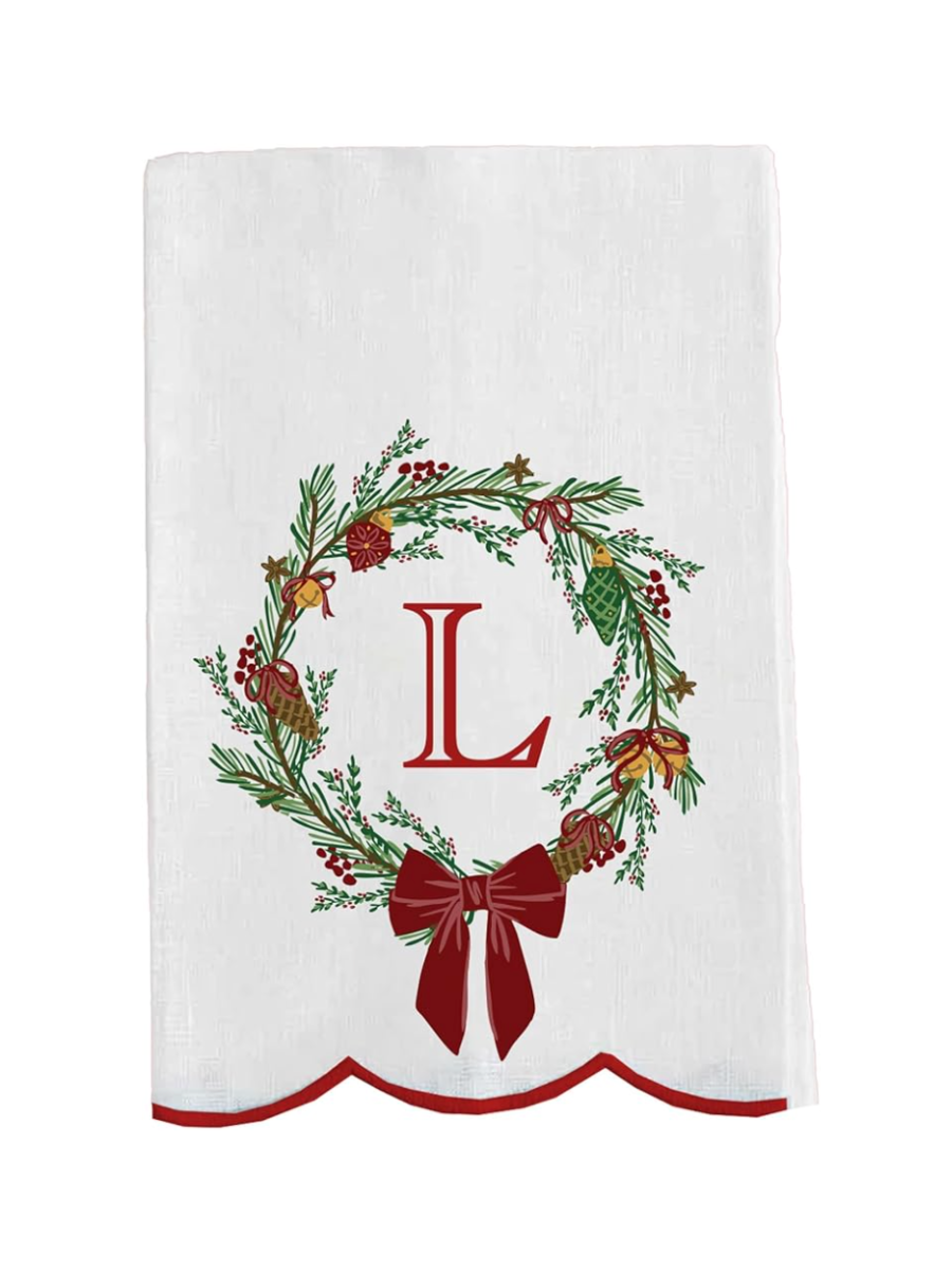 Mary Square | Tea Towel - Christmas Wreath Initial