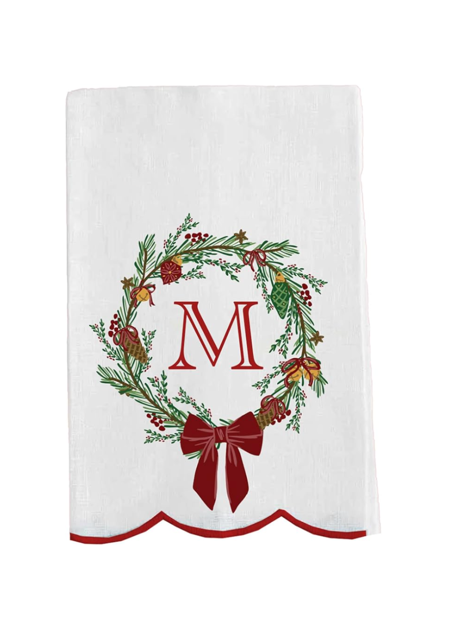 Mary Square | Tea Towel - Christmas Wreath Initial
