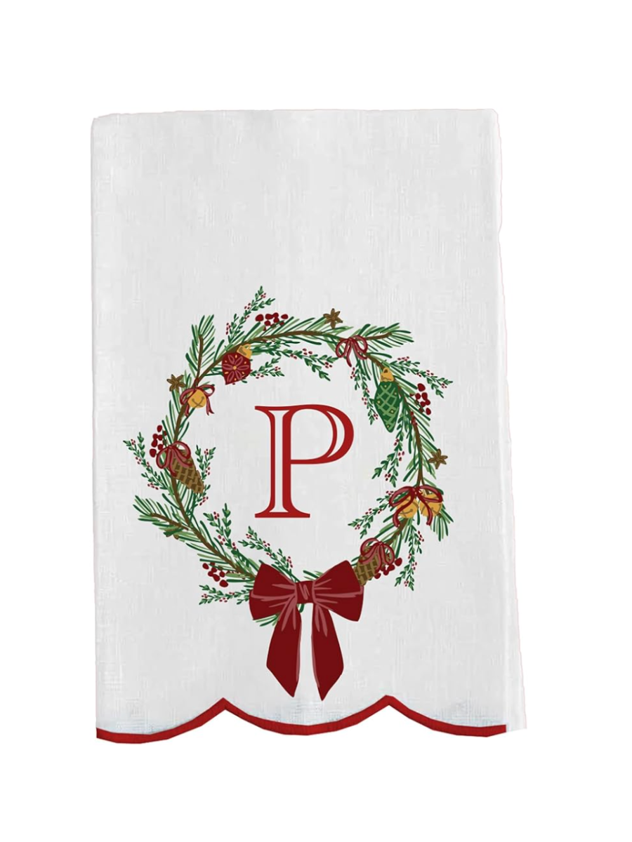 Mary Square | Tea Towel - Christmas Wreath Initial